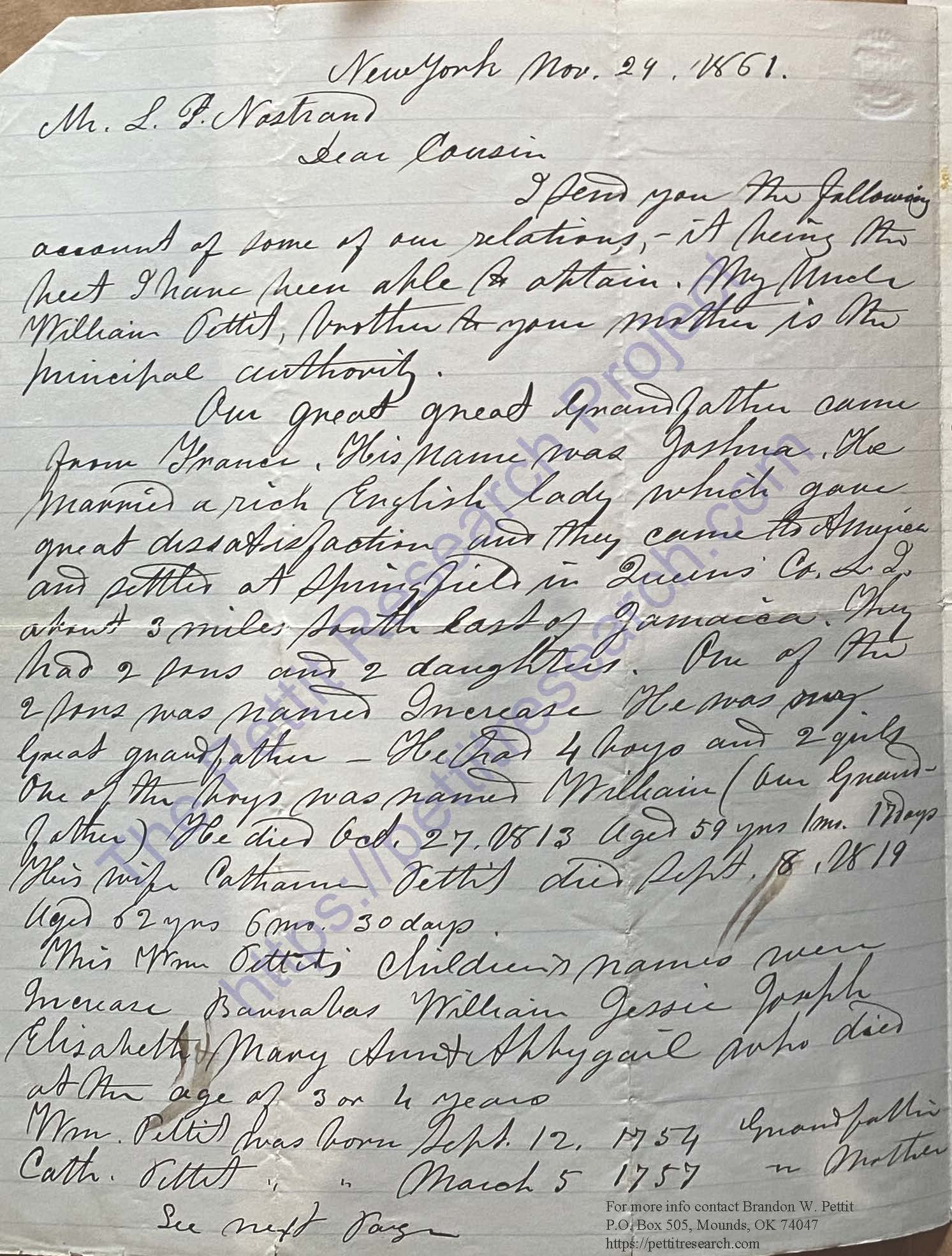 Nov 29, 1861 Pettit Family Letter Page 1