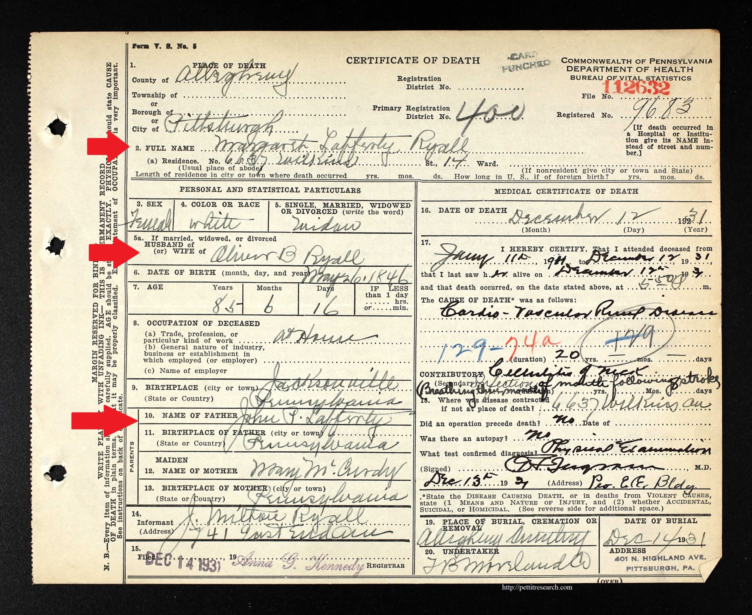 Death certificate of Margaret Lafferty Ryall.