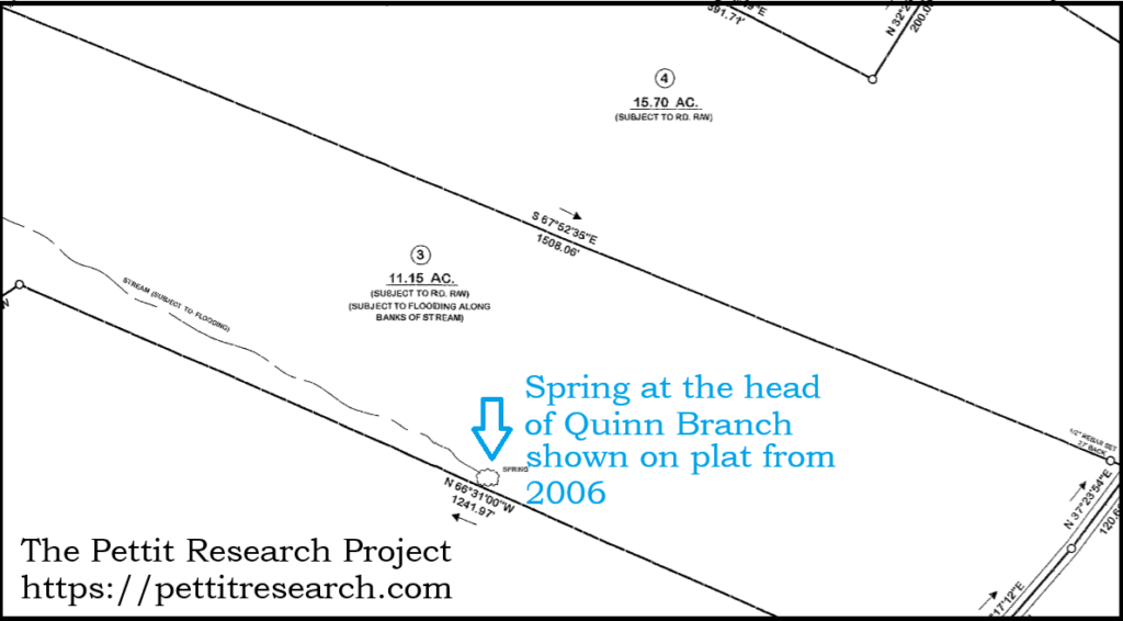 Modern plat showing the location of the spring that feeds Quinn Branch.